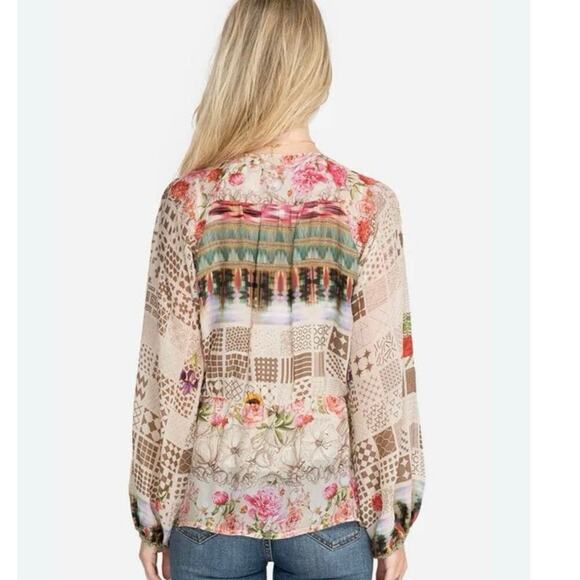 Johnny Was Fawn Beige Button Up Mixed Floral Boho Peasant Blouse Size M Tunic - Picture 5 of 13